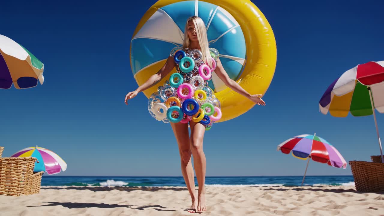 Blonde fashion model wearing colorful inflatable dress made of small lifebuoys posing on a tropical beach with colorful beach umbrellas and big yellow inflatable ring on a sunny day