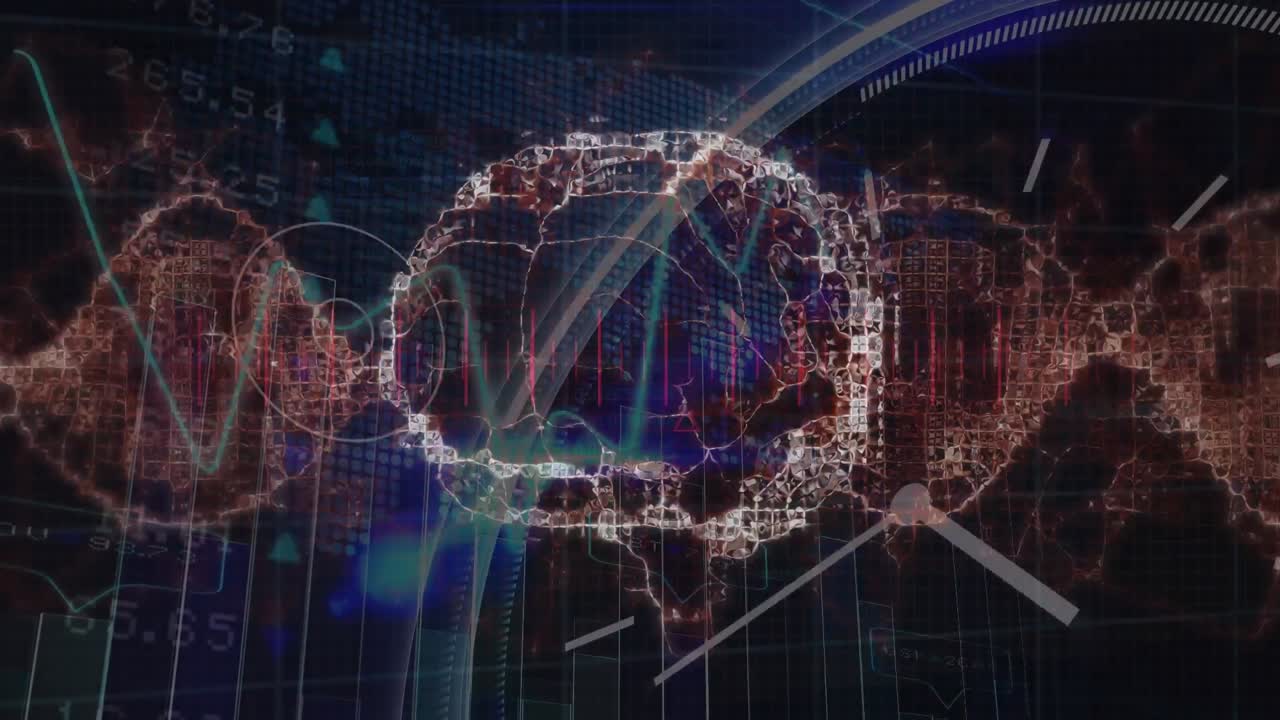 검은색 배경에 데이터 처리를 통해 dna 줄무를 가진 디지털 뇌의 애니메이션.