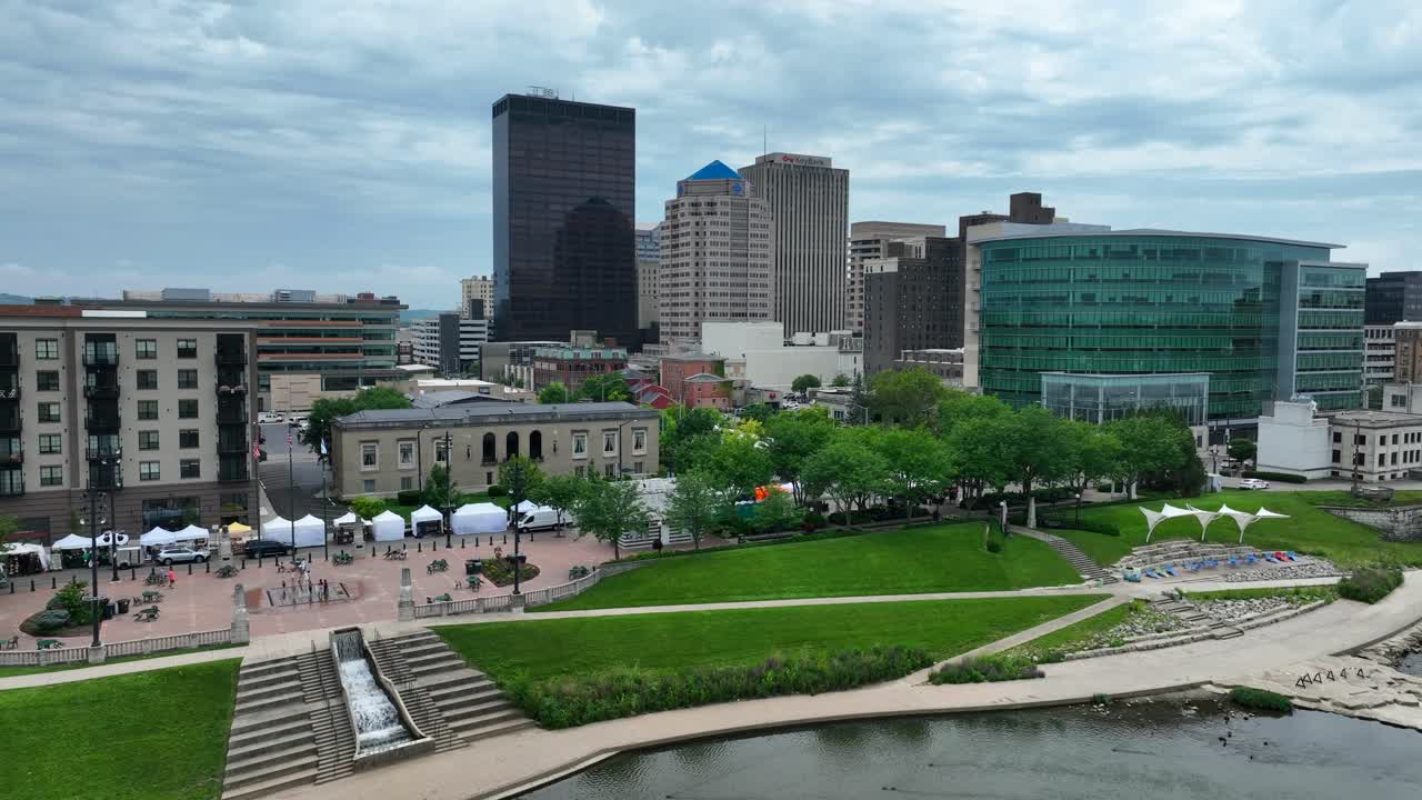 Aerial view of Dayton, Ohio's waterfront