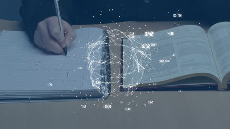 writing in notebook, person studying with brain network animation over books