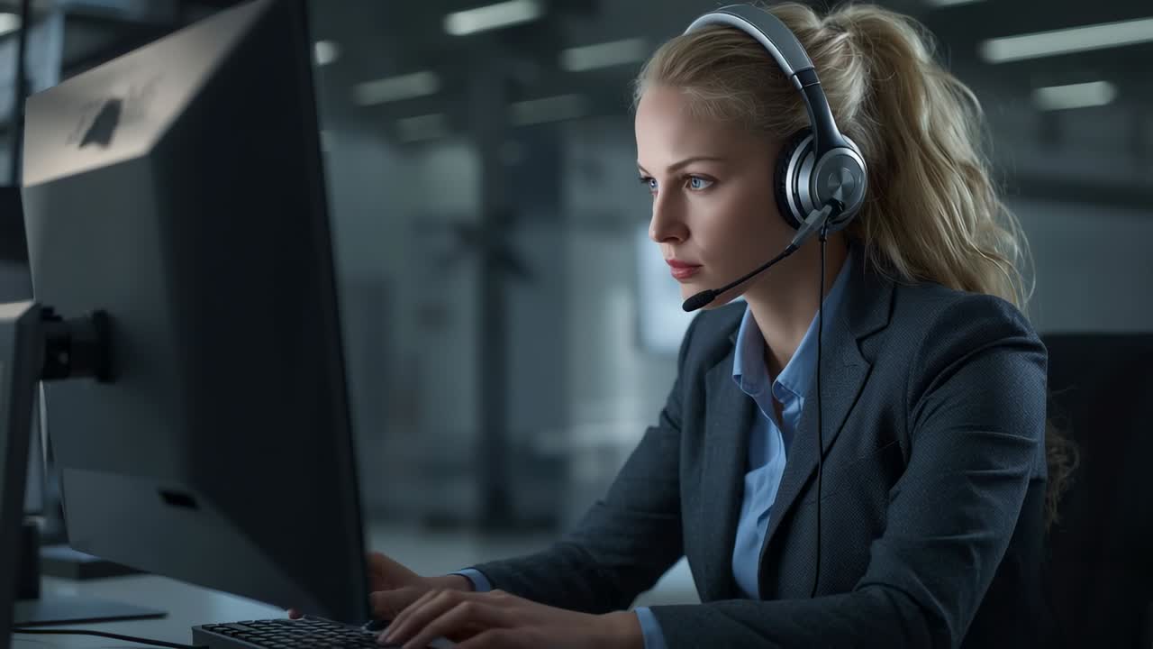 Adjusting microphone, agent typing on keyboard, speaking on headset in office to assist customer