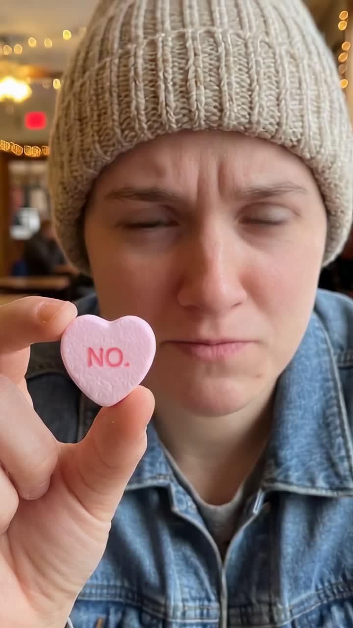 Vertical video: Holding pink heart candy woman in beanie denim jacket leaning showing NO at cafe