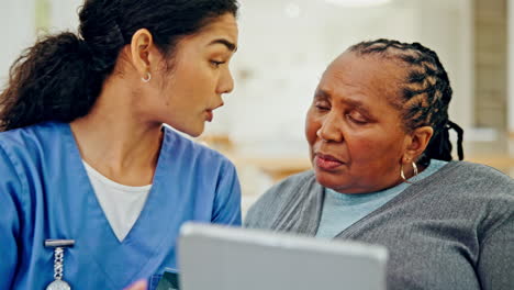 tablet, mature patient woman and nurse speaking