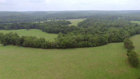 pull back over fields and trees in southern missouri on a cloudy summer day