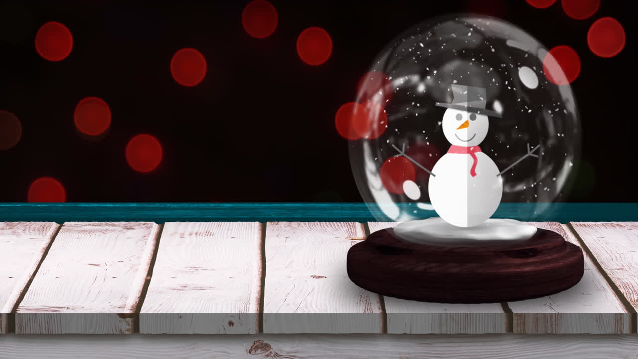 animación de globo de nieve con muñeco de nieve con luces de hadas rojas parpadeantes de navidad en fondo negro