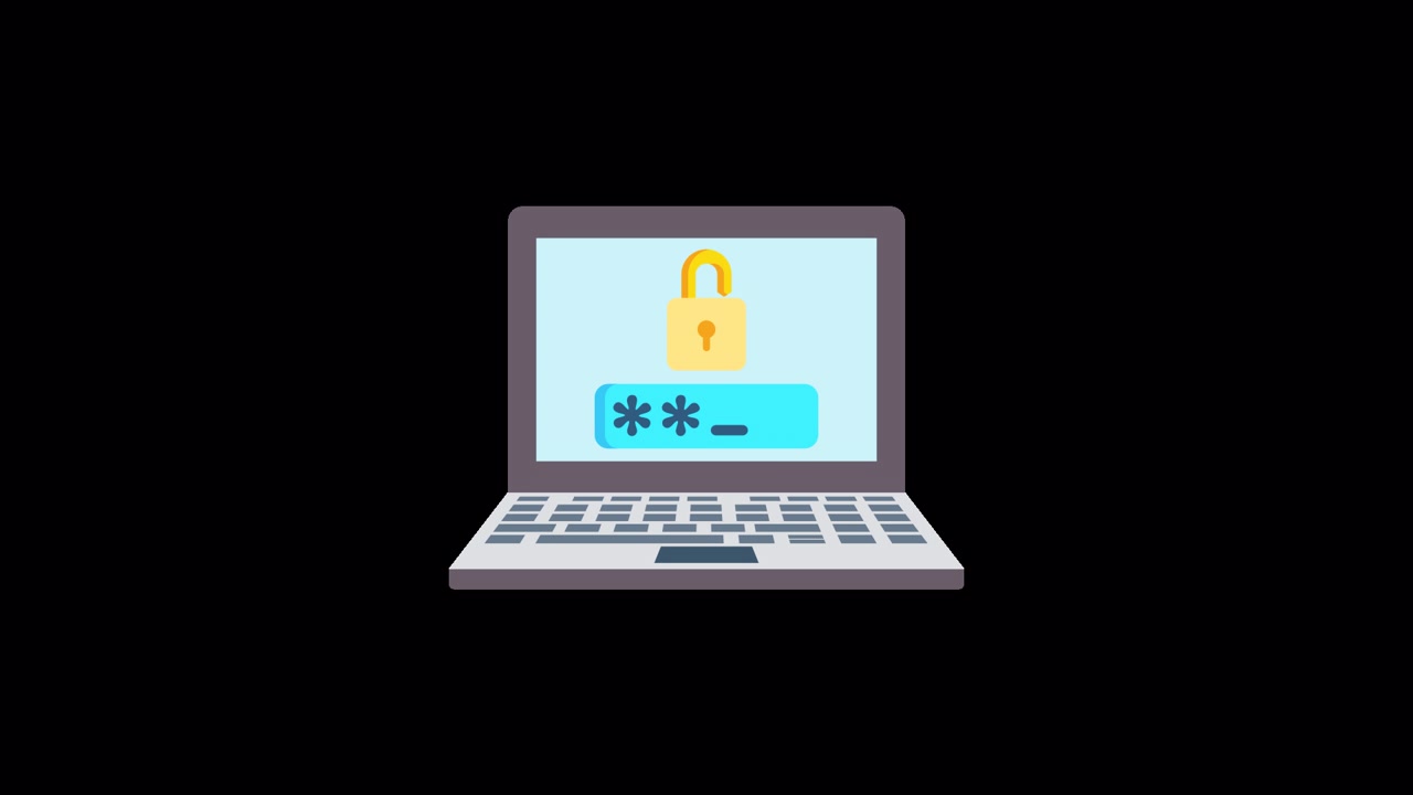 Ordinateur portable animé affichant la saisie de mot de passe et un cadenas de sécurité