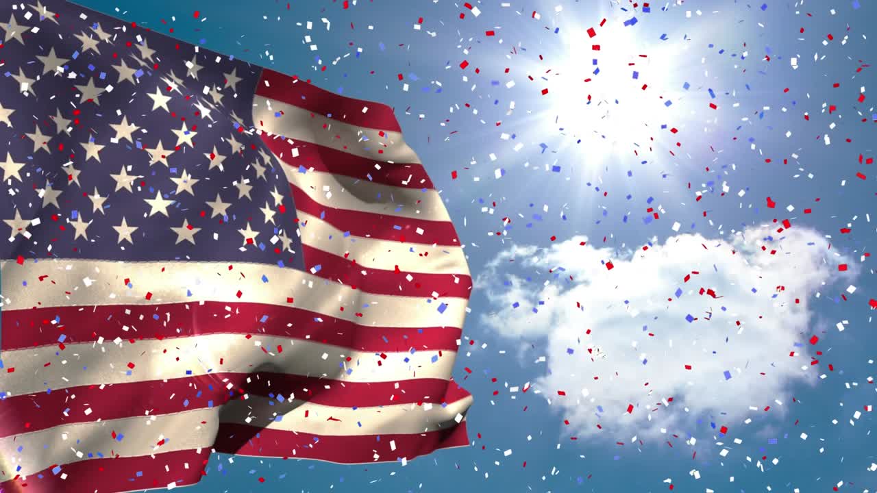 Animation of falling confetti over waving flag of america against sun in cloudy sky