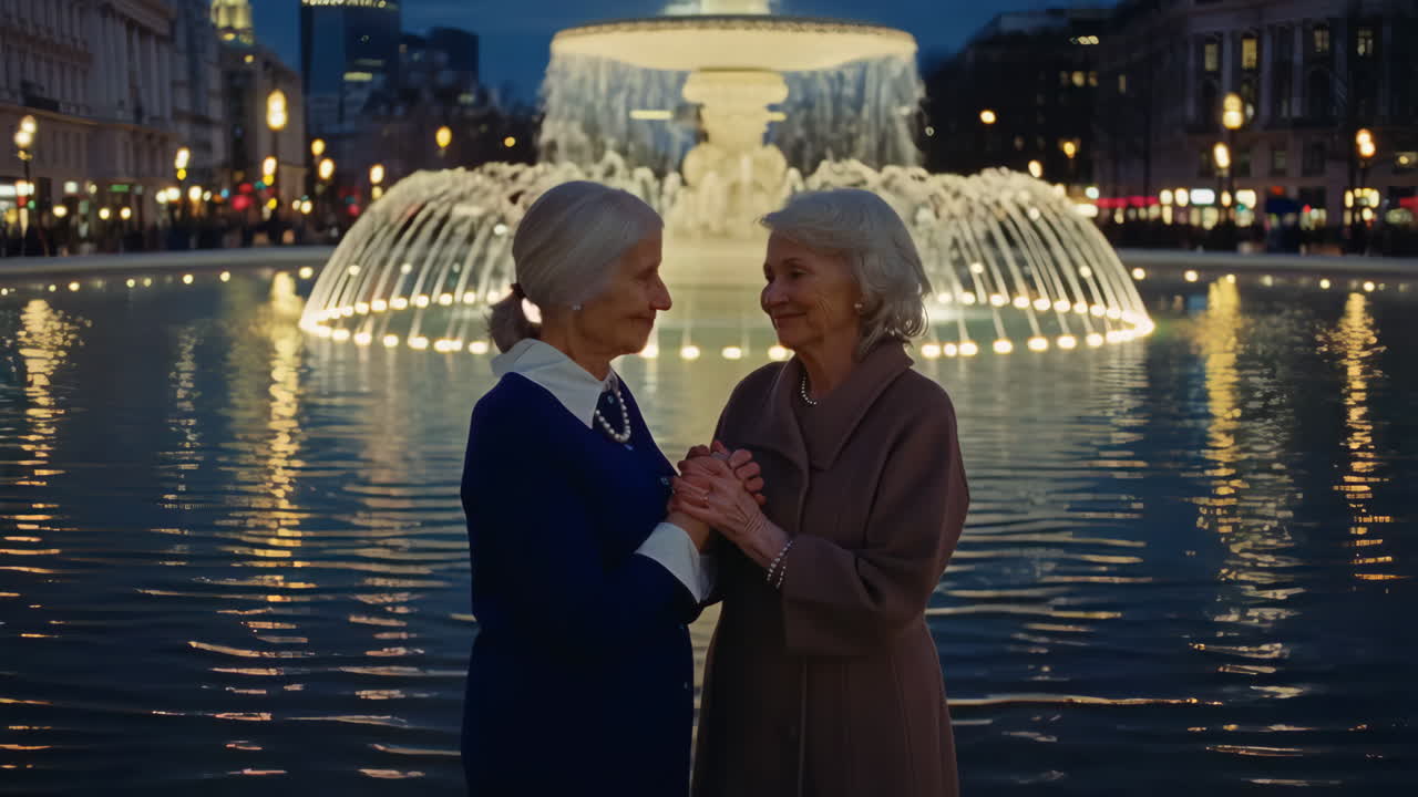 Two elderly women holding hands by an illuminated fountain at night