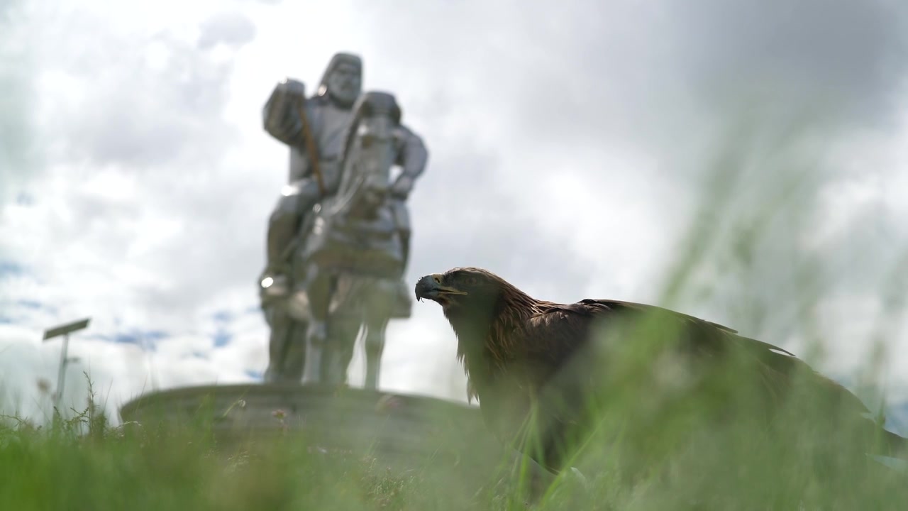 Aquila reale appollaiata nell'erba con la statua di Gengis Khan sullo sfondo