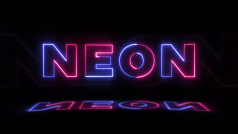 neon glowing word 'neon' on a black background with reflections on a floor. neon glow signs in seamless loop motion graphic