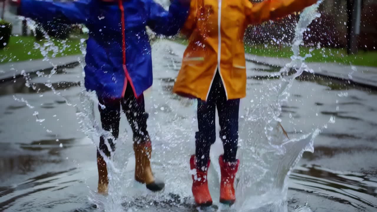 Children happily jumping and splashing in puddles with rain boots