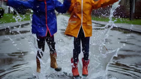 children happily jumping and splashing in puddles with rain boots