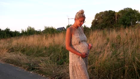 toma en cámara lenta de una mujer embarazada caucásica vestida de verano tocando el vientre y caminando al aire libre entre el parque de campo de hierba al atardecer