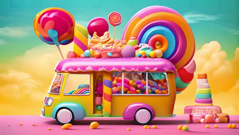 colorful ice cream truck surrounded by lollipops