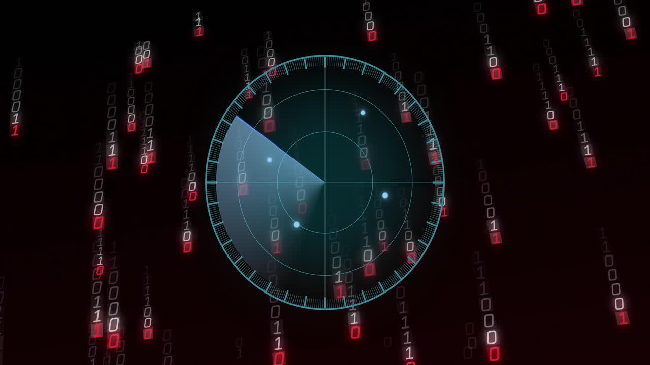 Radar scanning animation over falling binary code in digital environment
