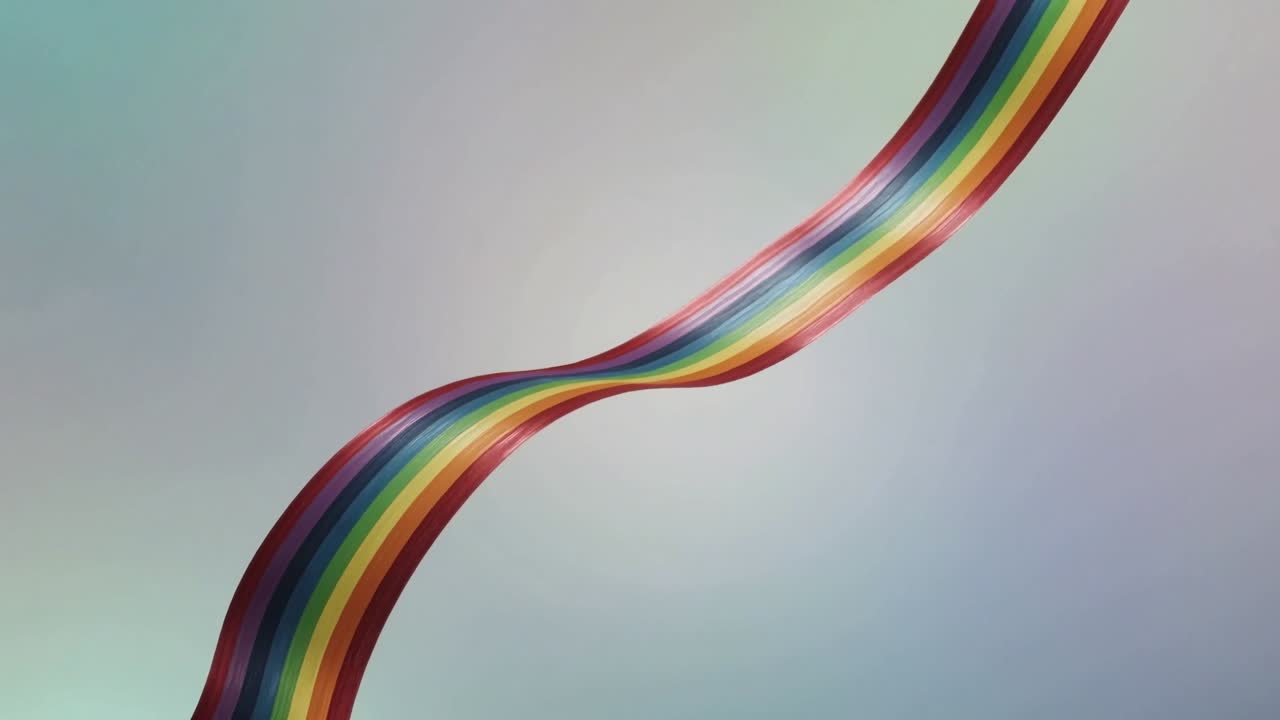 Et blankt regnbuebånd kommer ind fra øverste højre hjørne, drejer sig til et S-sving og breder sig derefter ud over en lys gradient