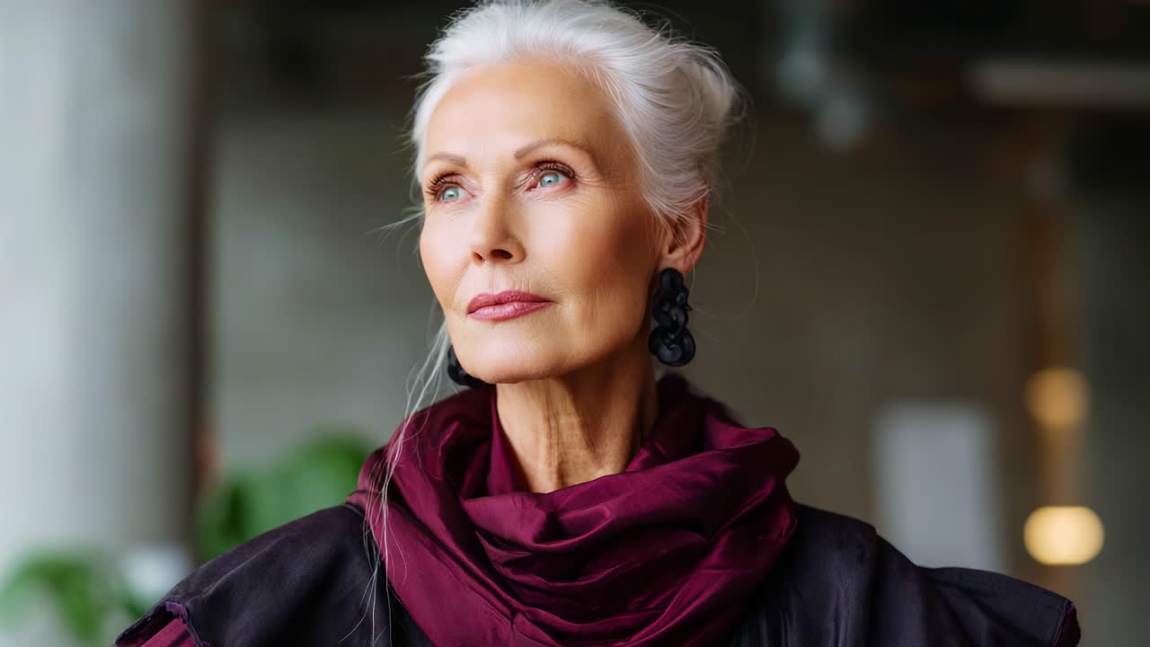 Eleganza accattivante: un ritratto intenso di un'elegante signora anziana con capelli argentati, vestita con abiti alla moda e impreziosita da accessori di tendenza