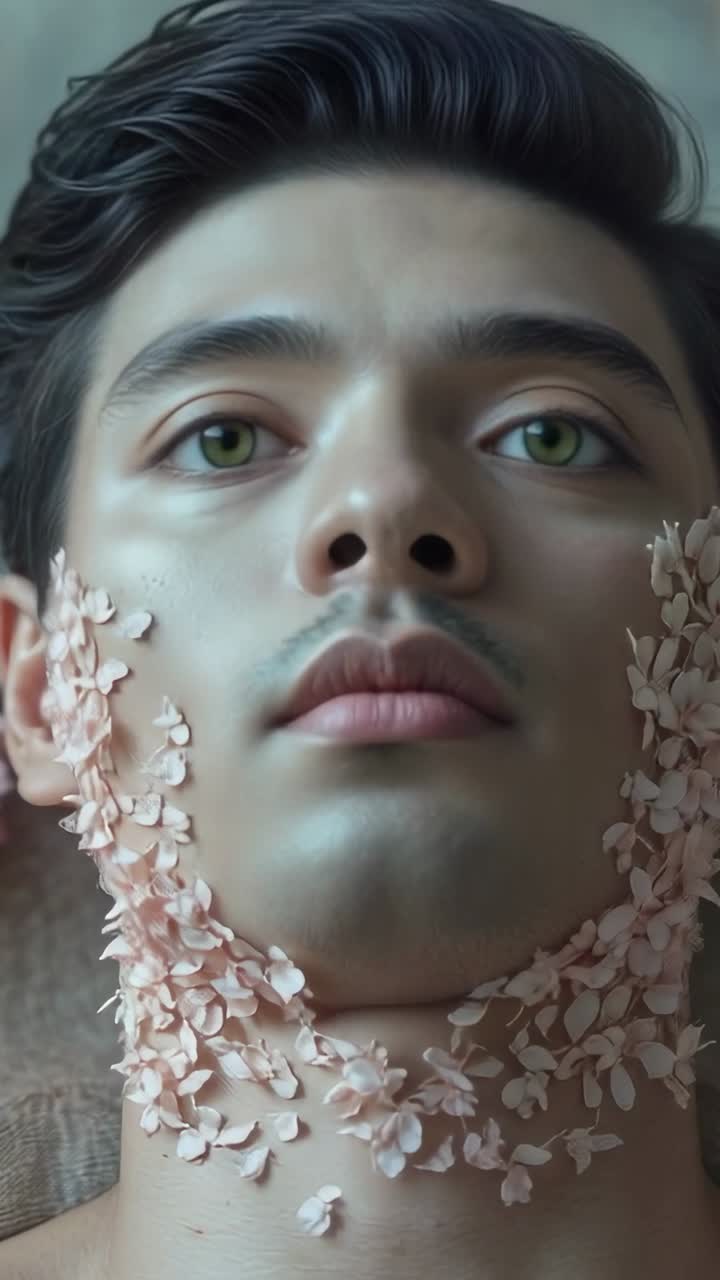 Vertical video: Twitching eyelid man opening eyes after petal mask in spa with pink petals