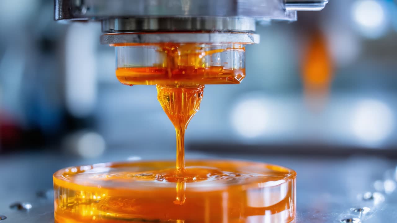 Showcasing the High-Precision Process of 3D Printing with Viscous Orange Resin in Two Frames, Capturing Innovative Technology at Work