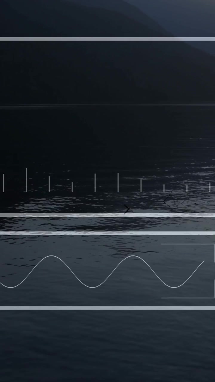 Animation of graphs and numbers overlaying serene lake at dusk, data visualization