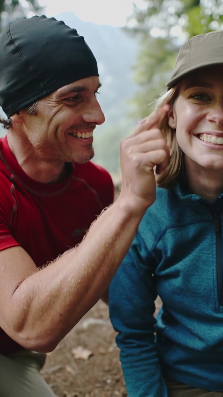 Vertical video: Reaching man making cheek touch showing affection on trail, green cap visible