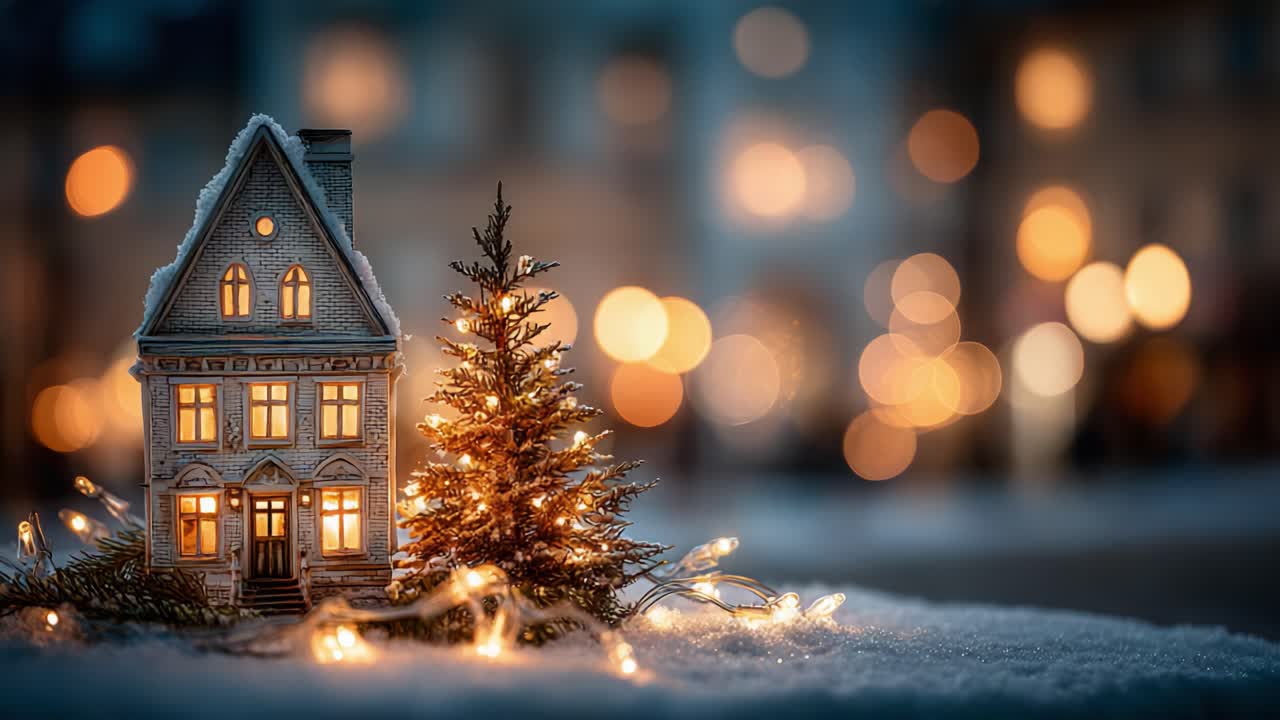 A Charming Winter Scene Featuring a Miniature House and Illuminated Christmas Tree Surrounded by Soft Snow Under Twinkling Lights