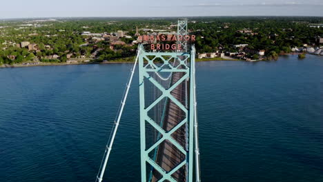 sweeping aerial views of the ambassador bridge in detroit, michigan during sunset