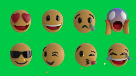 animación de confeti cayendo sobre filas de iconos de emoticones emoji sobre la pantalla verde