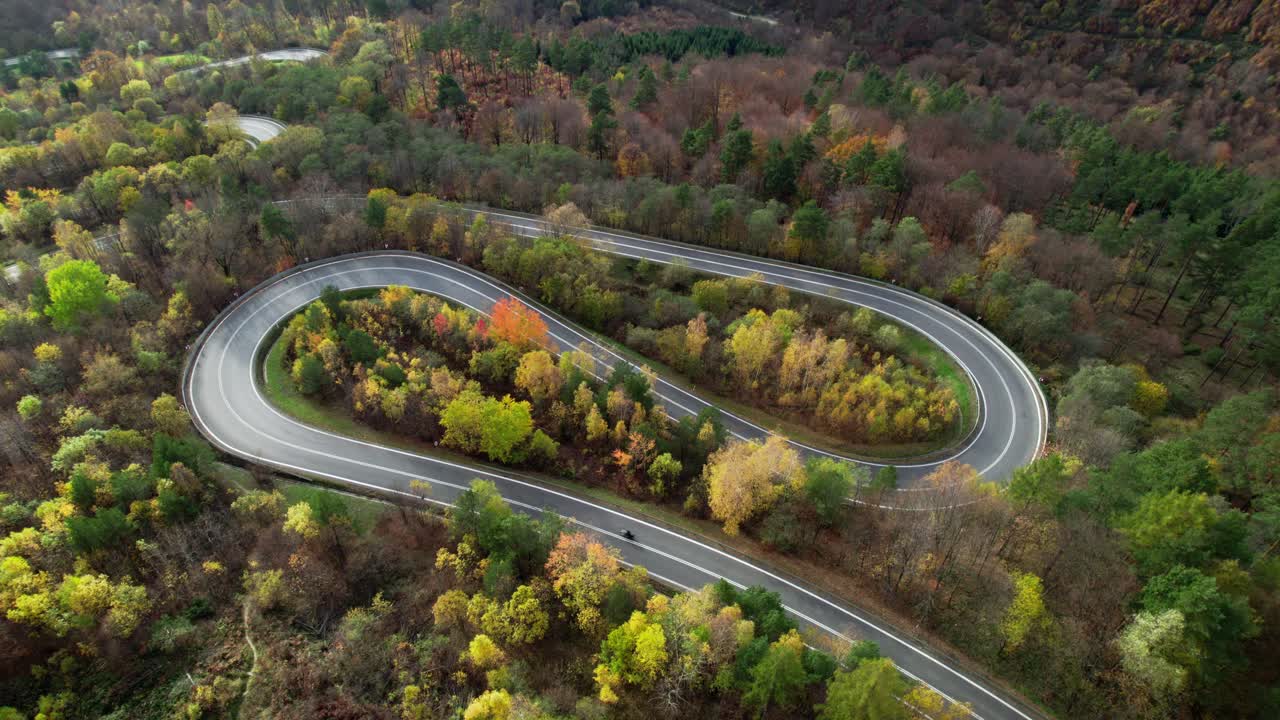 hermosa vista aérea de un camino sinuoso rodeado por un maravilloso bosque en otoño