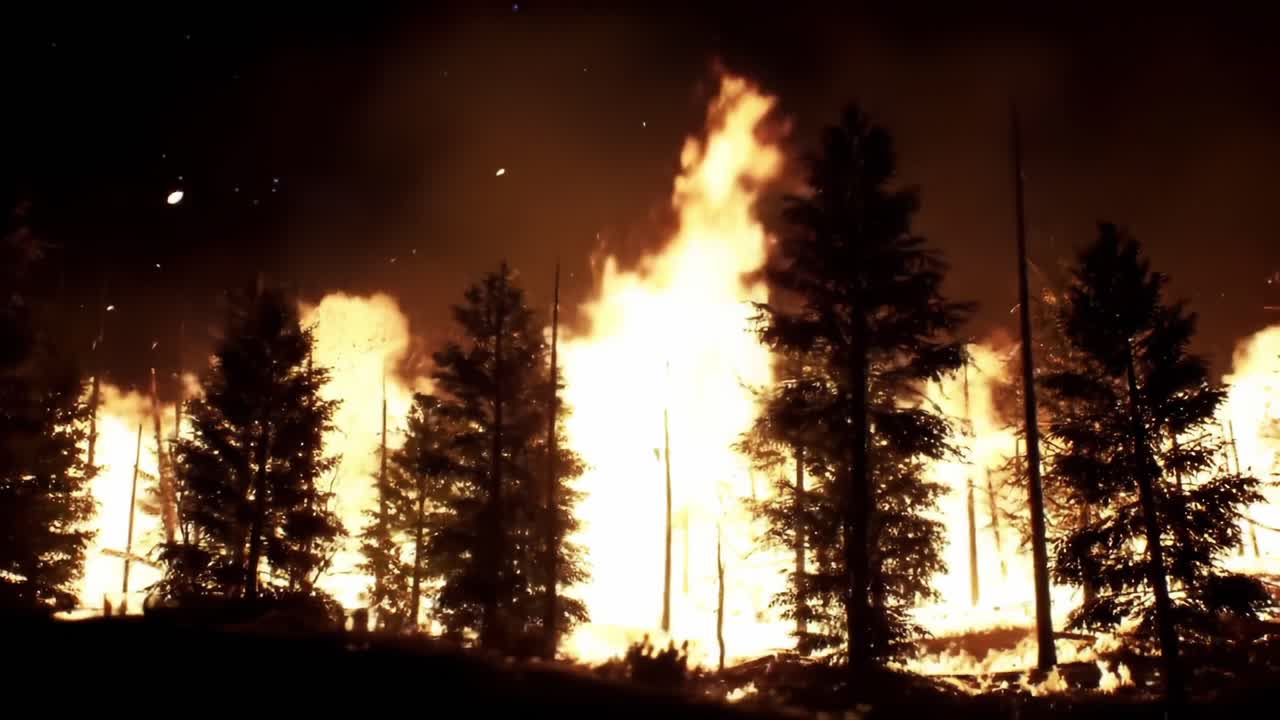 Dramatic Nighttime Forest Fire with Flames Engulfing Trees and Casting Shadows Across the Landscape, Showcasing Nature's Destructive Force in a Striking Display
