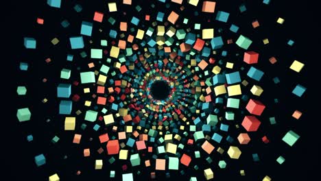 computer generated abstract geometric cube shapes, unreal constructions. animation. seamless loop optical illusion with many circles of colorful cubes flying away on black background.