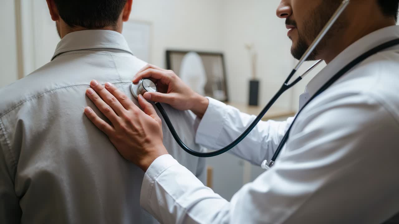 Listening clinician in white coat placing stethoscope on patient's back at clinic, checking lungs