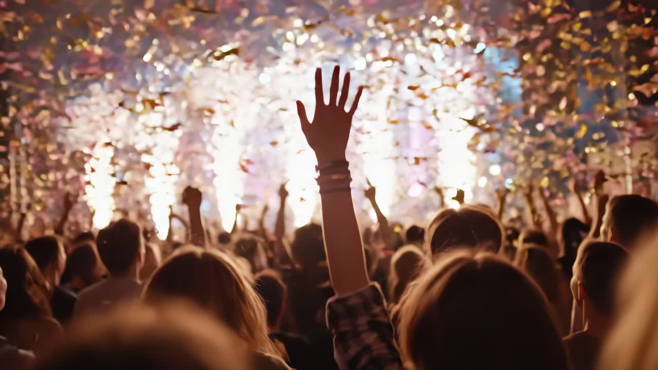 Concert crowd raising hands at night