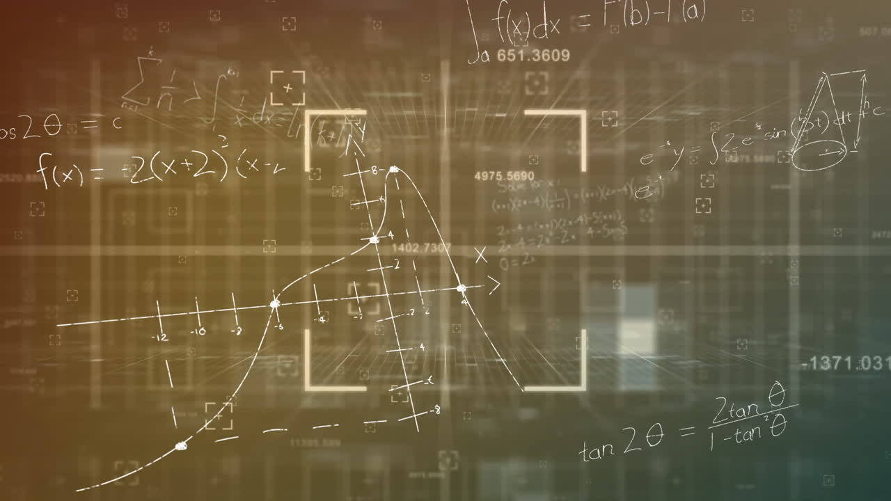 Animation of mathematical equations over shapes on grey background