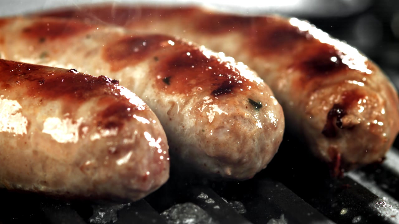 Nærbillede af pølser, der syder og grilles på en varm grill