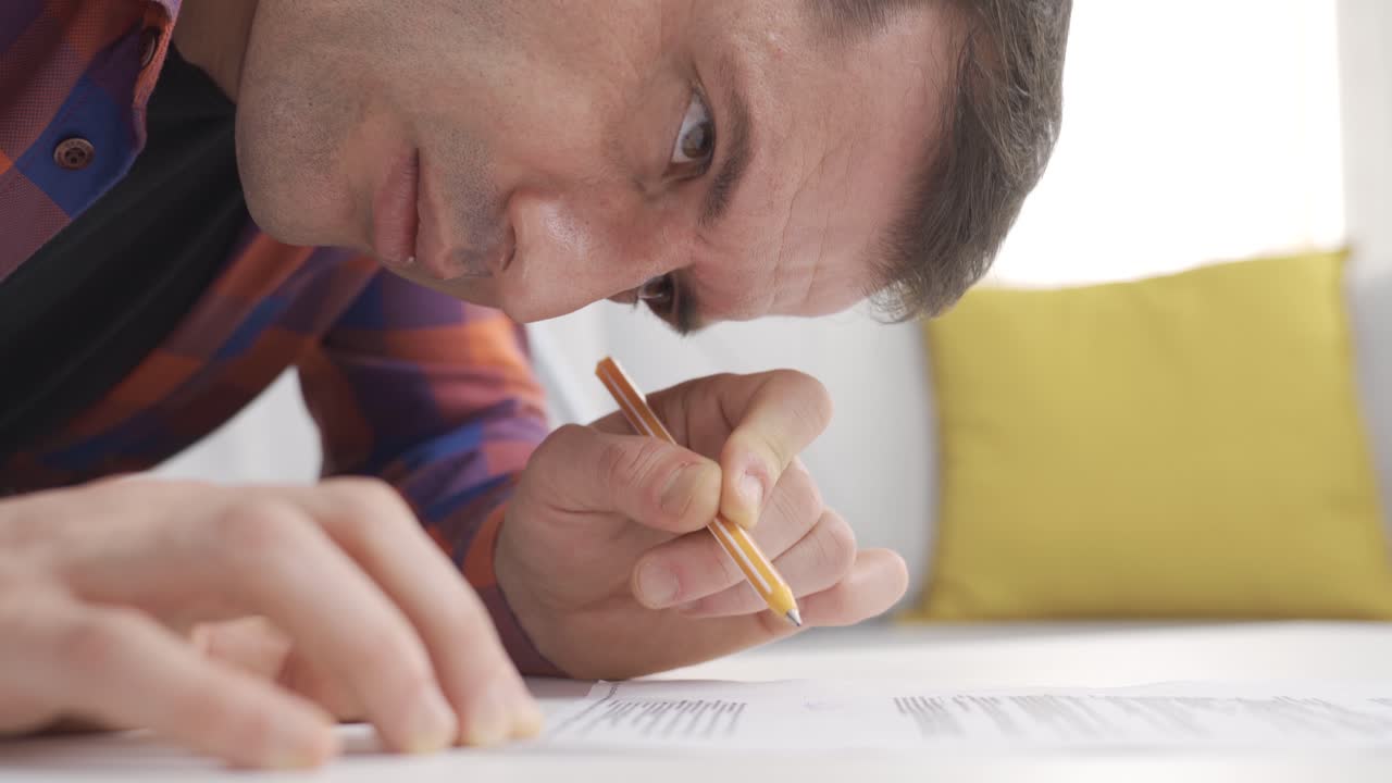 el hombre con discapacidad visual lee y firma el papel, incluso si es difícil.