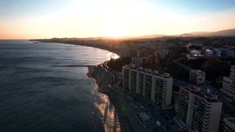 Aerial-sunset-view-of-tourism-destination-in-the-spanish-riviera-in-Fuengirola,-Spain