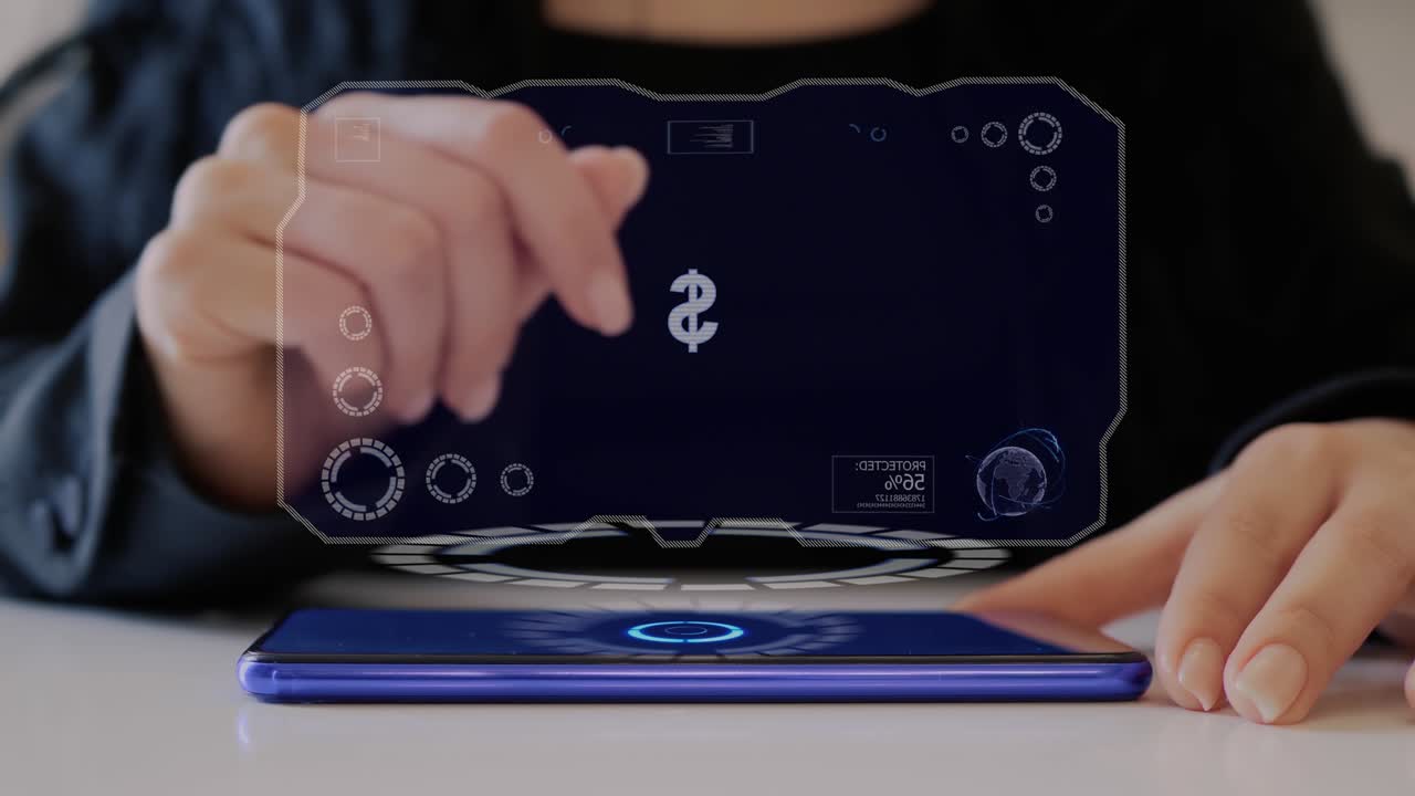 여성 손이 상호 작용하는 홀로그램 기호