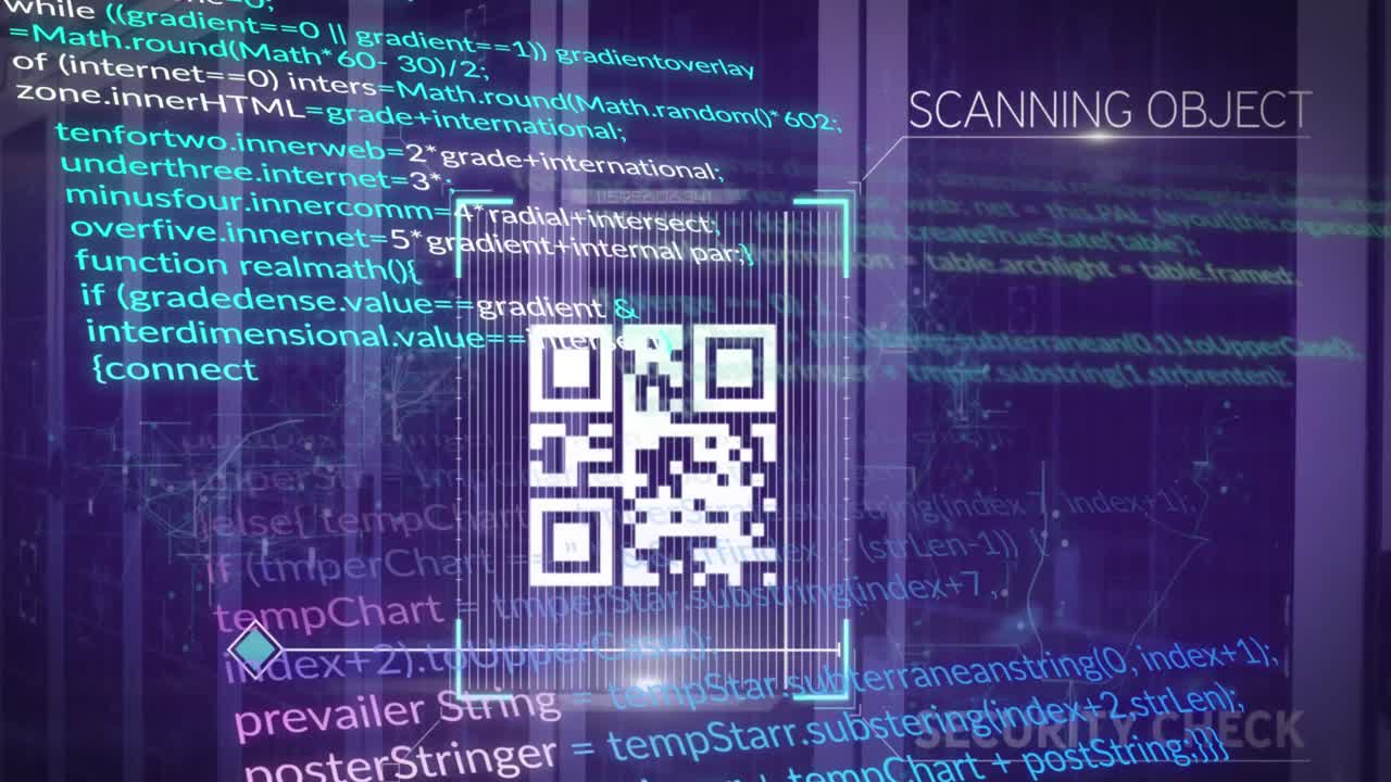 animación del procesamiento de datos y el código qr sobre la sala del servidor
