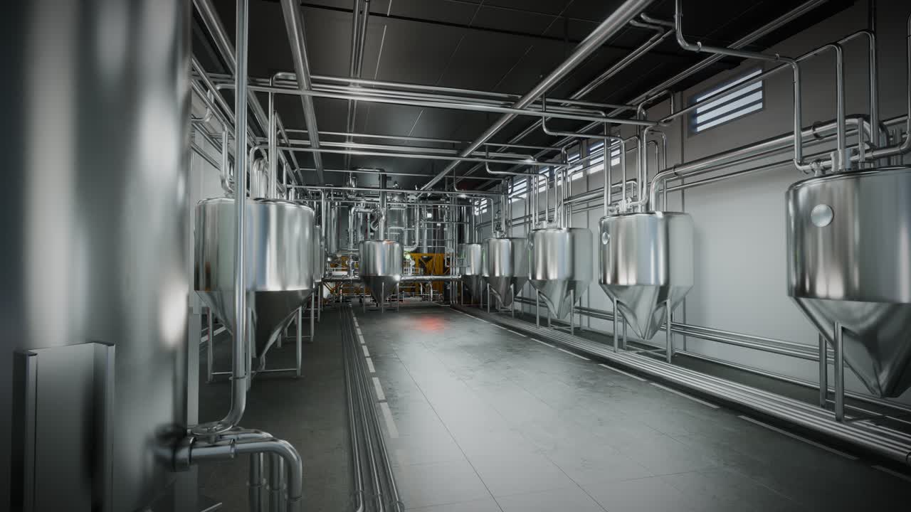 Große Gärbehälter aus Stahl in einer geräumigen Halle einer modernen Alkoholproduktionsanlage.