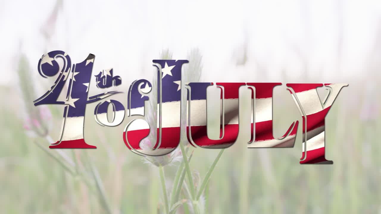 Animation of fourth of july text over american flag and grass