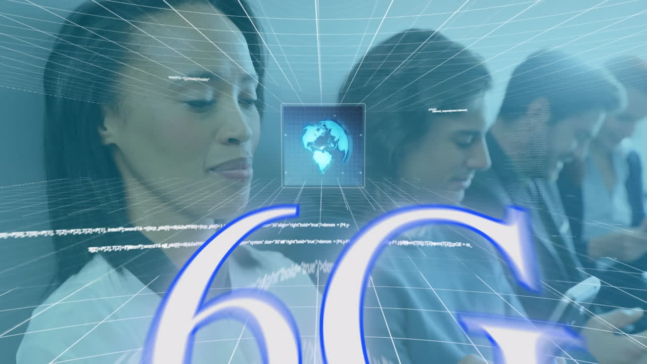 Animation of 6g text and data processing over biracial people using smartphones