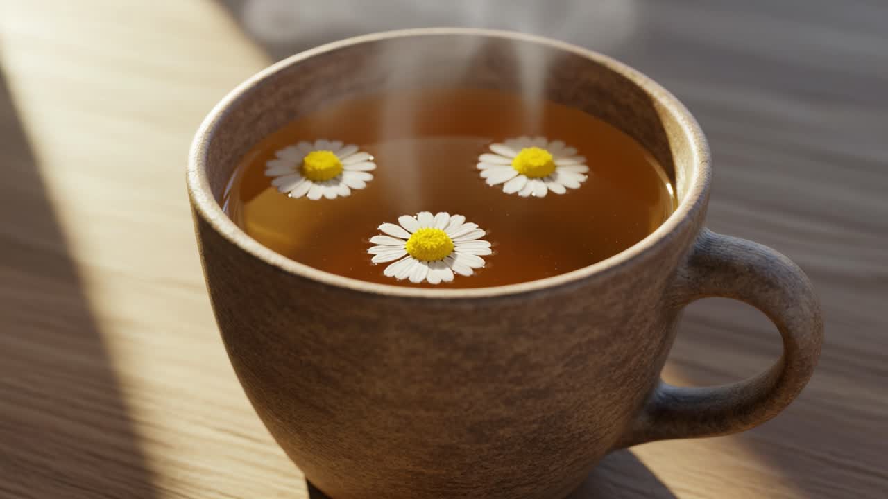 A Serene Cup of Tea with Floating Daisies: Captivating Aromatic Experience of Herbal Infusion in a Beautifully Crafted Mug