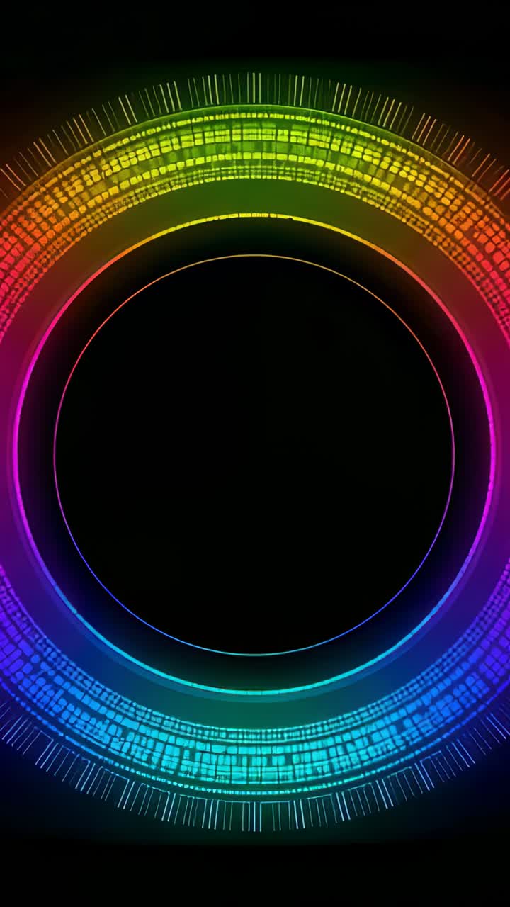 Vertical video: Rotating neon rings cycling hues and scanning segments on black display looping