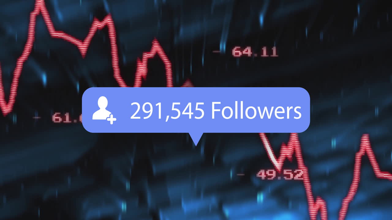 Blue notification bubble floating over jagged red graph showing 295,653 follower count flat style