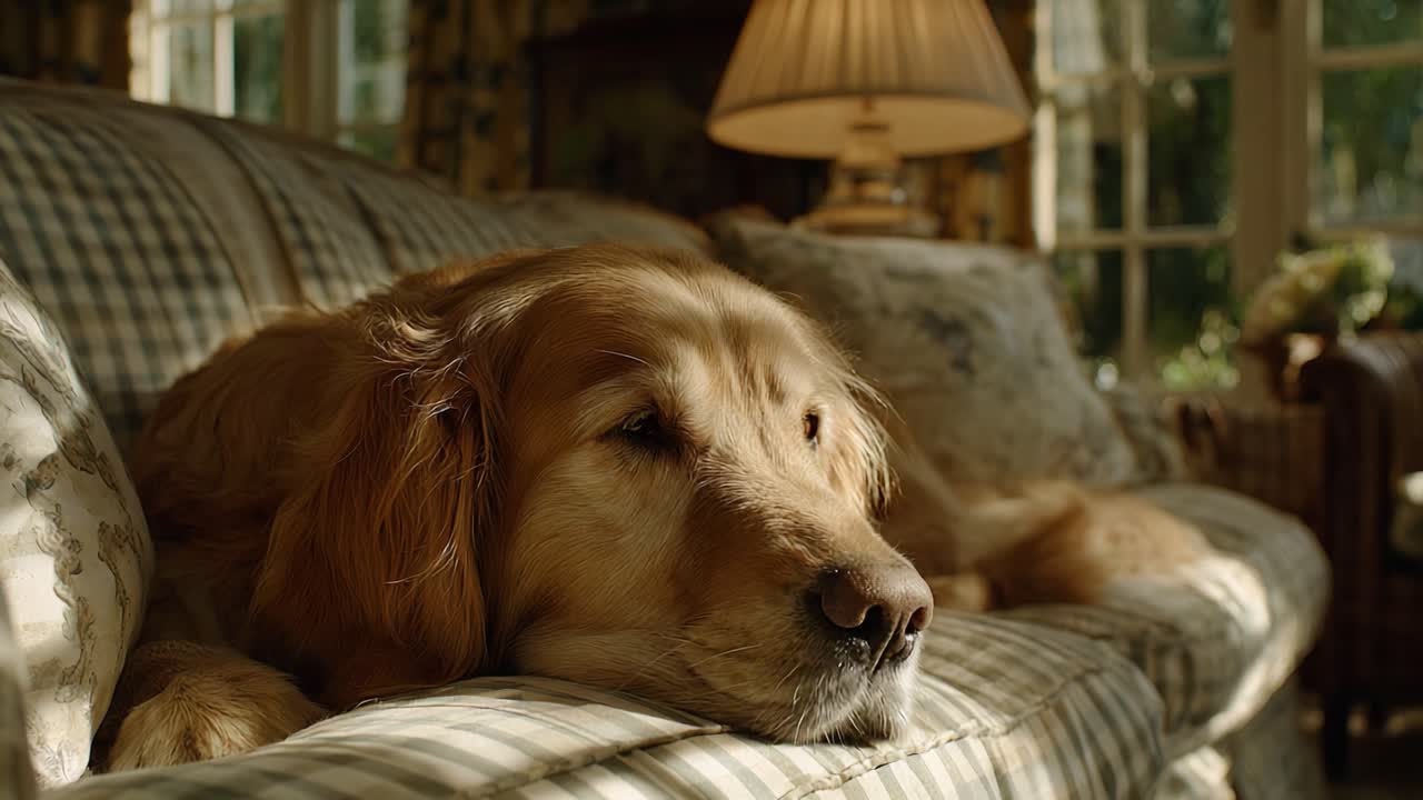 A Golden Retriever Relaxing Comfortably on a Plush Sofa Bathed in Soft Natural Light, Capturing a Moment of Serenity and Contentment in a Cozy Atmosphere