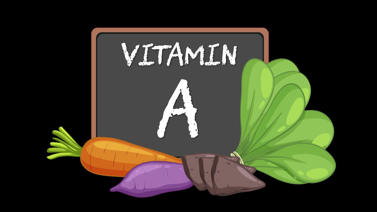 Kara tahta üzerinde A vitamini yazısı, havuç, ıspanak ve kök sebzeler siyah arka planda canlanıyor