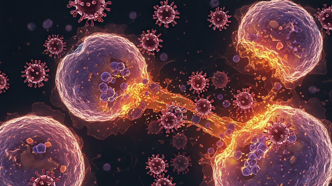 A Detailed Visualization of Cellular Interaction and Viral Activity, Showcasing the Complex Dynamics Between Immune Cells and Pathogens at the Microbial Level