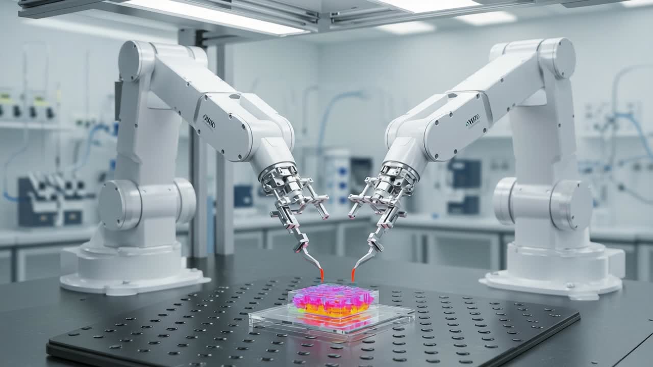 Advanced Robotic Arms Collaboratively Manipulating Biochemical Samples in a High-Tech Laboratory Environment for Cutting-Edge Research Innovations