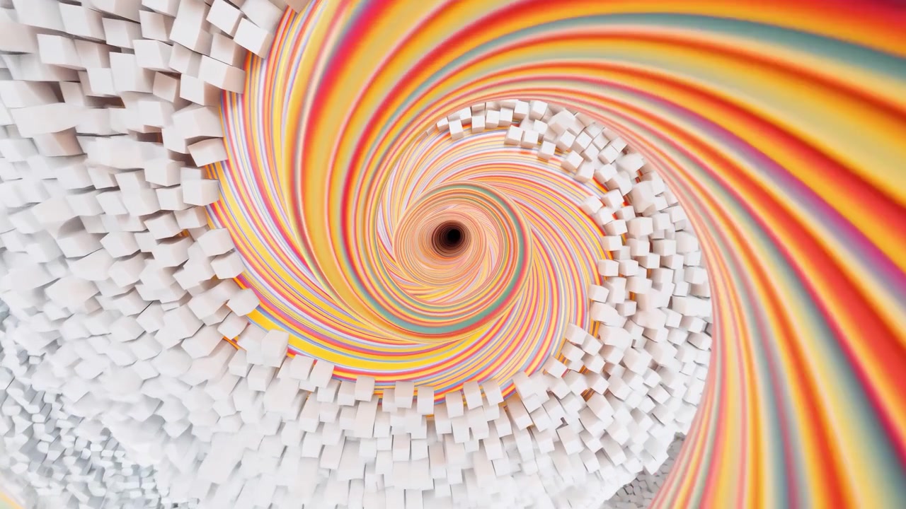 Motivo a spirale rotante, su sfondo astratto con particelle bianche, da una prospettiva neutra, con accenti gialli e arancioni, oggetti vicini.